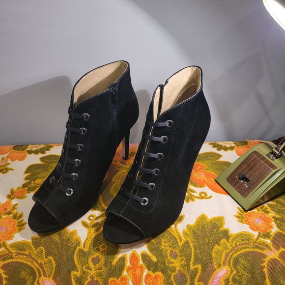 Enzo Angiolini Black Suede Peek-a-Boo Ankle Boots - Picture 2 of 10